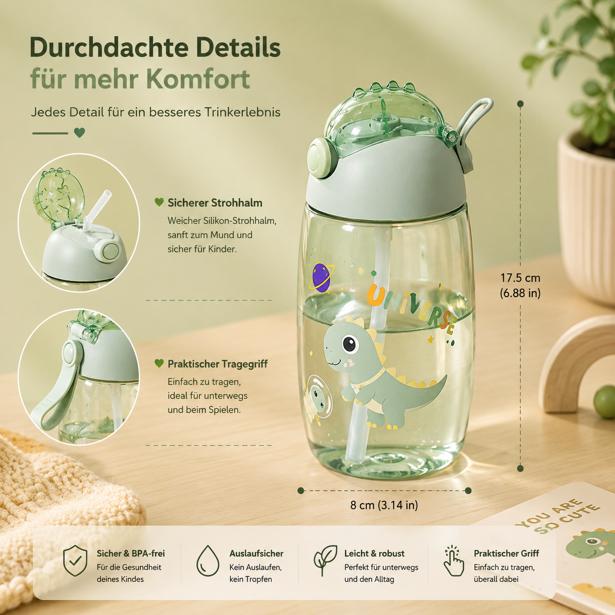 Asnova Kinder-Trinkflasche 500 ml mit Dinosauriermotiv