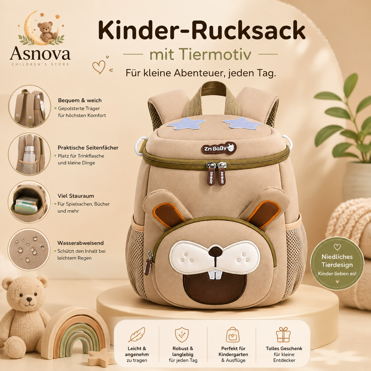 Asnova Kinder-Rucksack mit Tiermotiv