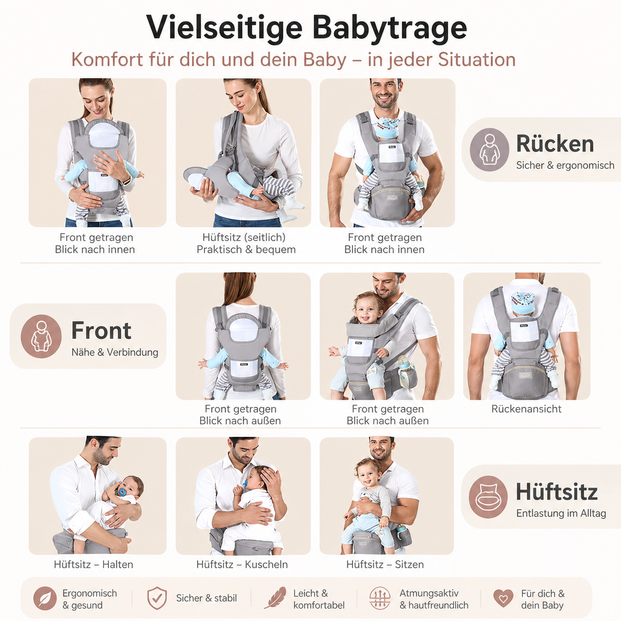 Ergonomische Babytrage mit Hüftsitz – Bequem & Sicher
