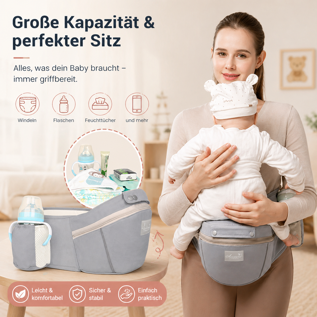 Ergonomische Babytrage mit Hüftsitz – Bequem & Sicher