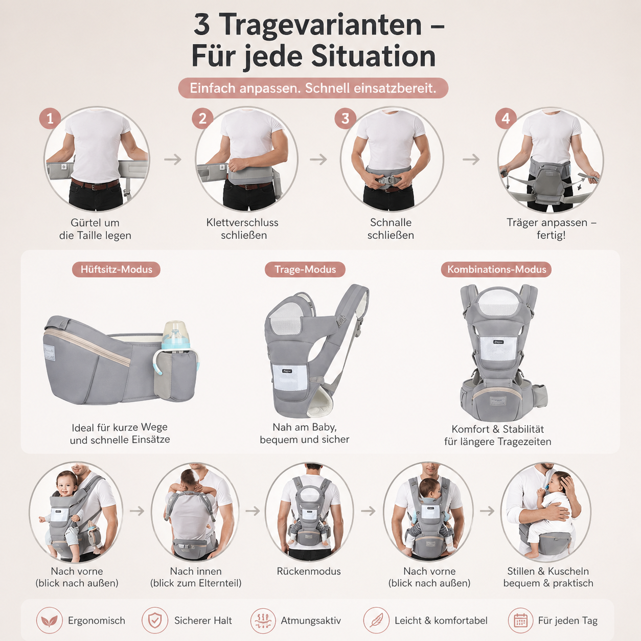 Ergonomische Babytrage mit Hüftsitz – Bequem & Sicher